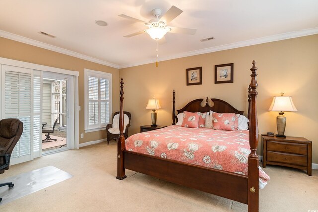 carpeted bedroom featuring crown molding, access to outside, and ceiling fan