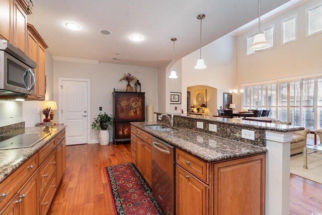 kitchen featuring sink, light hardwood / wood-style flooring, hanging light fixtures, and appliances with stainless steel finishes