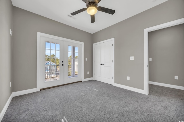 unfurnished bedroom featuring french doors, ceiling fan, access to exterior, and carpet