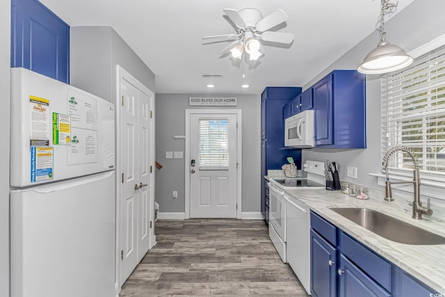 kitchen with sink, hardwood / wood-style flooring, ceiling fan, blue cabinetry, and white appliances