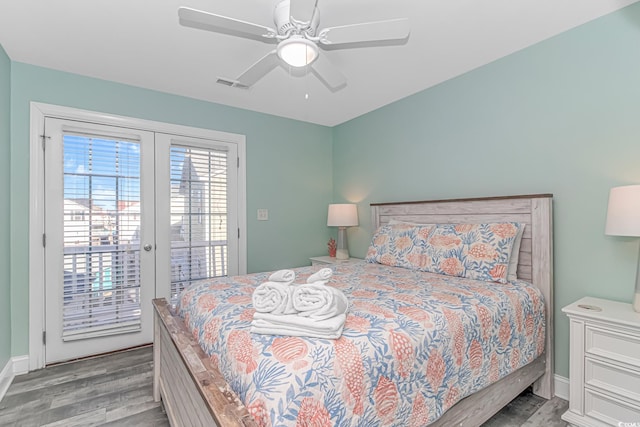 bedroom featuring french doors, ceiling fan, access to exterior, and light hardwood / wood-style flooring