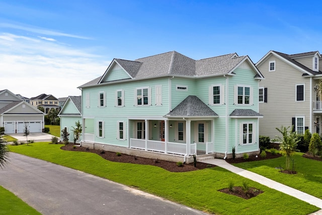 view of front of house with a garage, covered porch, and a front yard