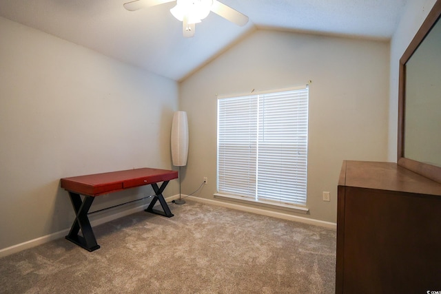 misc room featuring ceiling fan, vaulted ceiling, and light carpet