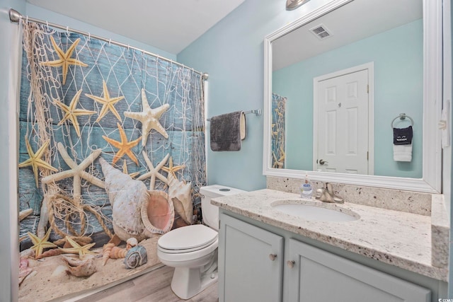 bathroom featuring vanity, wood-type flooring, and toilet