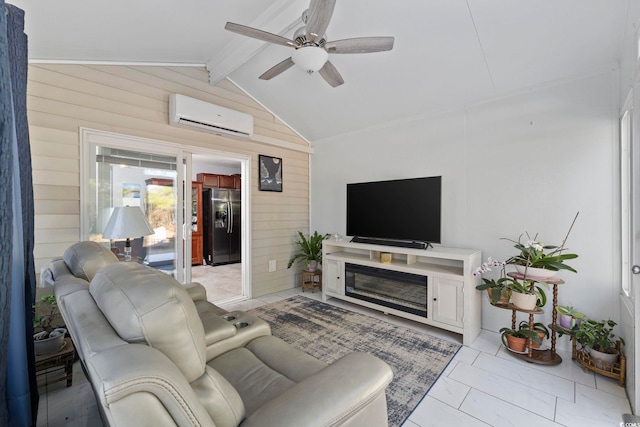 living room with vaulted ceiling with beams, a wall mounted AC, and ceiling fan