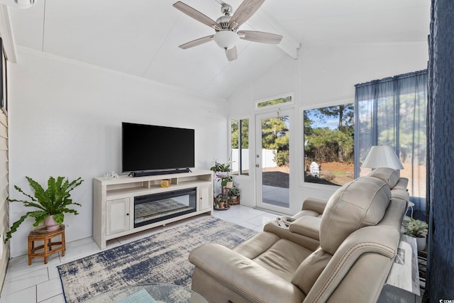 tiled living room featuring vaulted ceiling with beams and ceiling fan