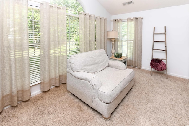 sitting room featuring plenty of natural light, carpet flooring, and vaulted ceiling