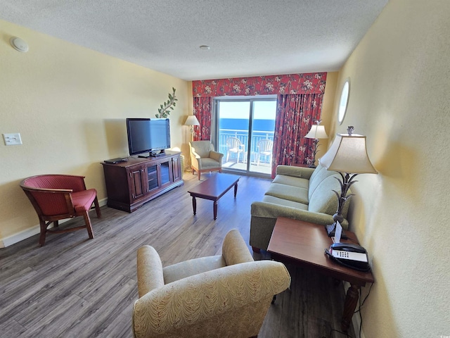 living room featuring a textured ceiling and light hardwood / wood-style flooring