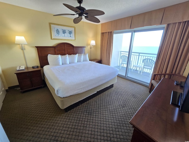 carpeted bedroom with access to exterior and ceiling fan