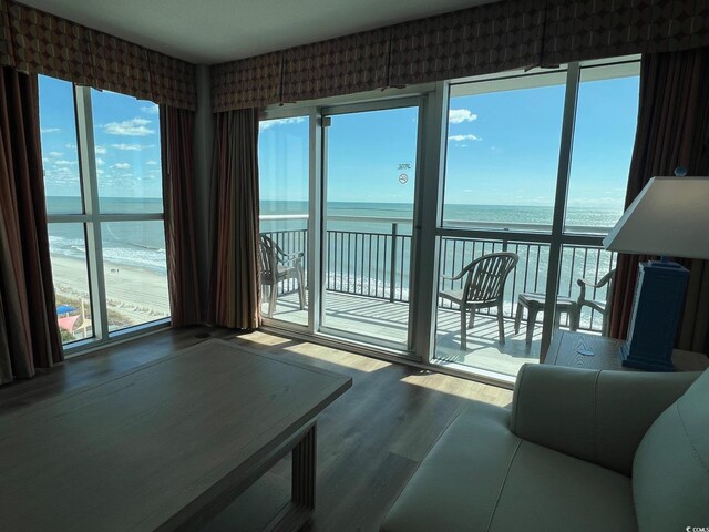 interior space featuring a water view, plenty of natural light, and wood finished floors