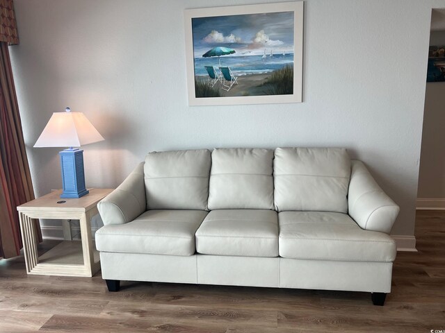 living area with baseboards and wood finished floors