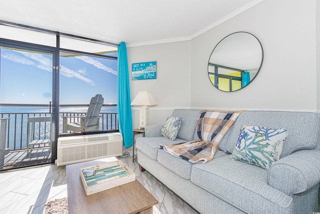 living room with crown molding, a water view, and a wall mounted air conditioner