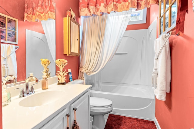 full bathroom with vanity, shower / bathtub combination with curtain, and toilet