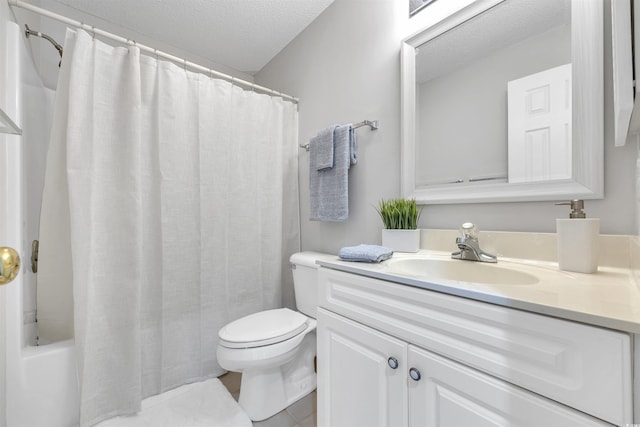 full bathroom with vanity, toilet, a textured ceiling, and shower / bath combo with shower curtain