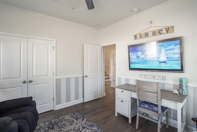 office featuring ceiling fan and dark hardwood / wood-style floors