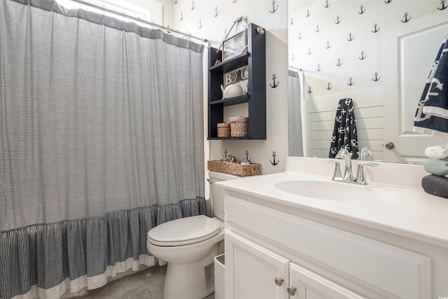 full bathroom featuring toilet, vanity, and shower / bathtub combination with curtain