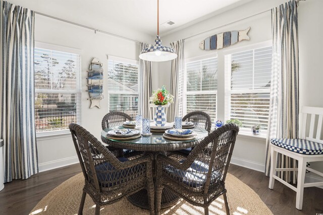 dining room with plenty of natural light and dark wood-type flooring