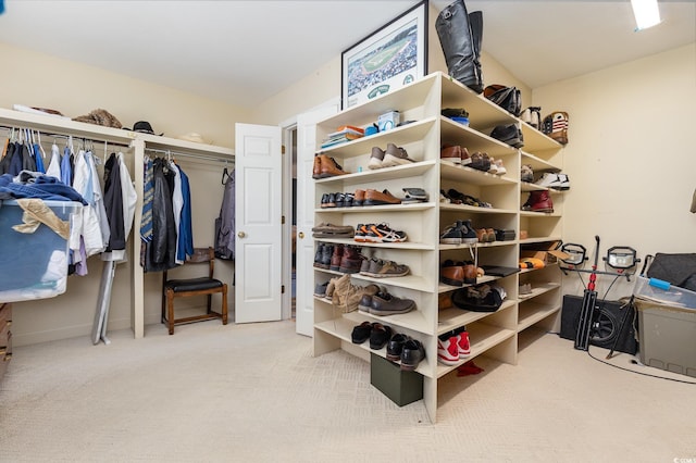 spacious closet featuring light colored carpet