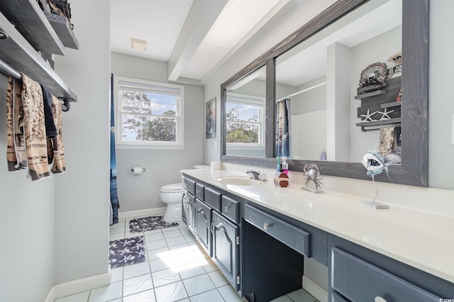 bathroom featuring a shower with curtain, tile patterned floors, vanity, and toilet