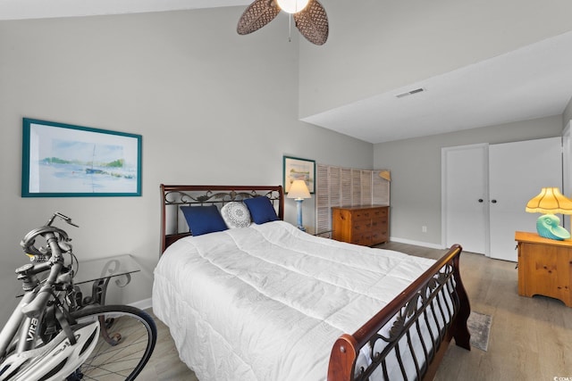 bedroom featuring wood-type flooring and ceiling fan