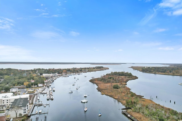 drone / aerial view featuring a water view