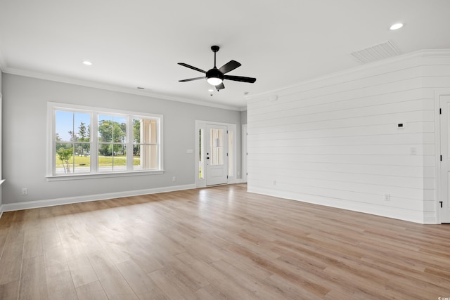 1201 Possum Trot Rd, North Myrtle Beach, SC 29582 - unfurnished living room featuring baseboards, a ceiling fan, light wood finished floors, crown molding, and recessed lighting