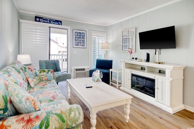 living room with ornamental molding, light hardwood / wood-style floors, and a wall mounted AC