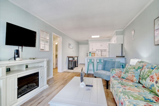 living room with ornamental molding, a textured ceiling, and light wood-type flooring