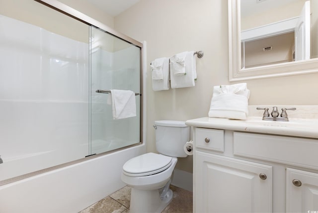 full bathroom featuring vanity, shower / bath combination with glass door, and toilet