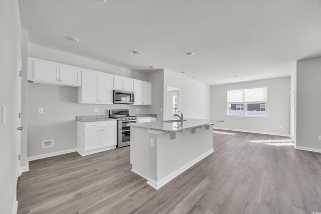 kitchen featuring a center island with sink, visible vents, white cabinets, stainless steel appliances, and a sink