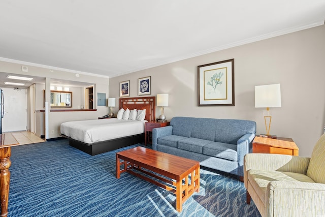 carpeted bedroom featuring crown molding