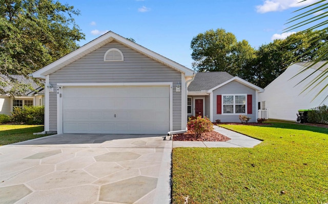 single story home featuring a garage and a front yard