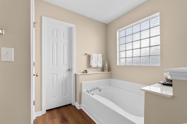 bathroom with wood-type flooring and a washtub