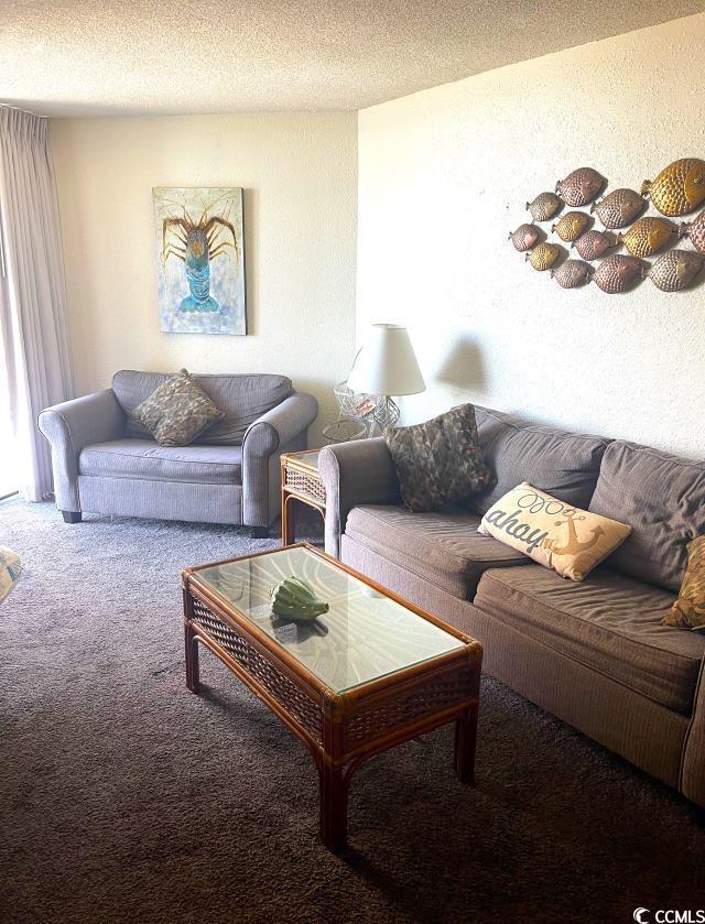 living room with carpet flooring and a textured ceiling