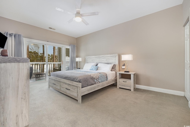 bedroom featuring ceiling fan, light carpet, and access to outside