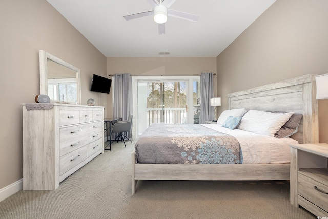 bedroom with ceiling fan and light colored carpet