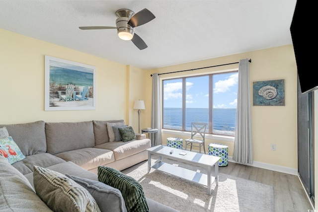 4103 N Ocean Blvd Unit 504, North Myrtle Beach, SC 29582 - living room with light wood-style flooring, a ceiling fan, and baseboards