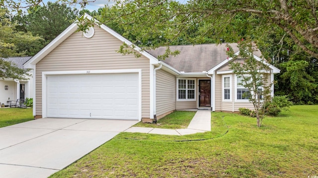 ranch-style house with a garage and a front yard