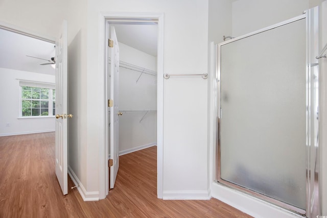 bathroom featuring walk in shower, ceiling fan, and hardwood / wood-style floors