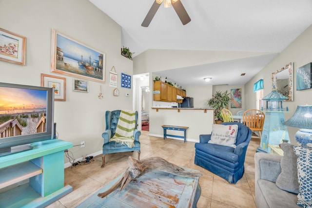 412 Chesterfield Ct, Myrtle Beach, SC 29577 - living area featuring light tile patterned flooring, ceiling fan, vaulted ceiling, and baseboards