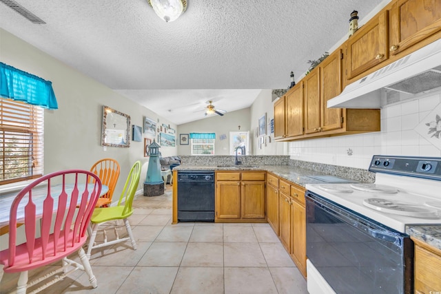 412 Chesterfield Ct, Myrtle Beach, SC 29577 - kitchen featuring electric stove, under cabinet range hood, brown cabinets, a sink, and dishwasher
