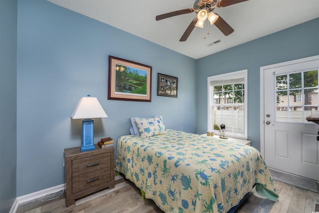 bedroom featuring ceiling fan and light wood-type flooring