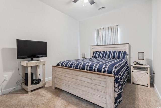 bedroom with ceiling fan and carpet