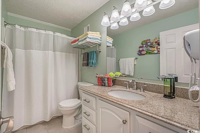 bathroom with toilet, a textured ceiling, vanity, tile patterned flooring, and a baseboard heating unit