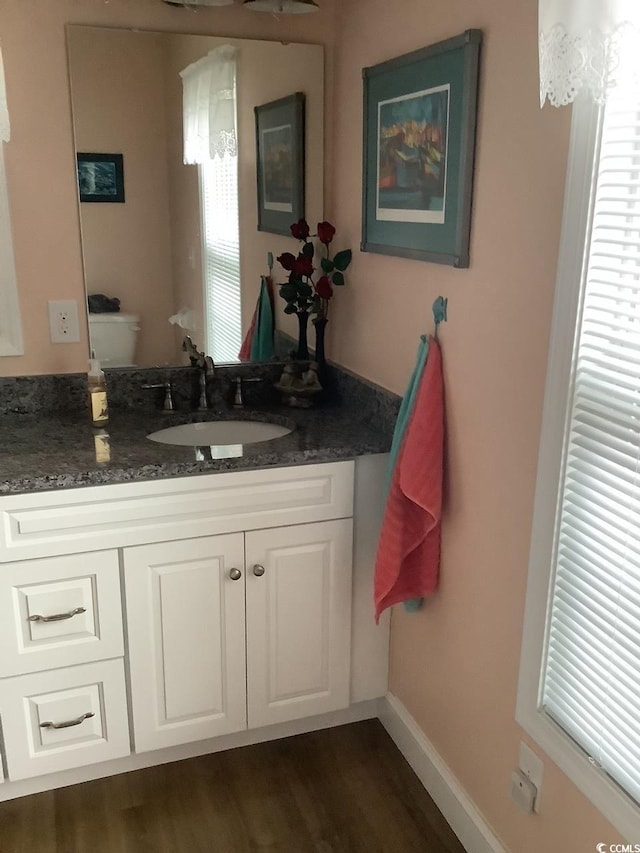 bathroom with vanity, hardwood / wood-style floors, and toilet