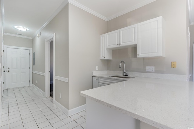 kitchen with sink, crown molding, light tile patterned floors, white cabinetry, and kitchen peninsula