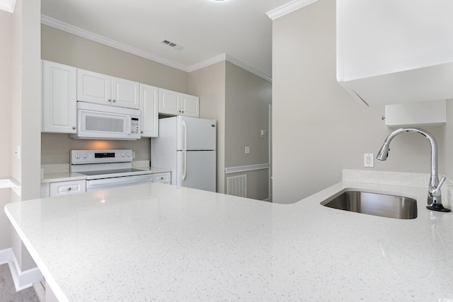 kitchen featuring white cabinetry, light stone countertops, sink, and white appliances