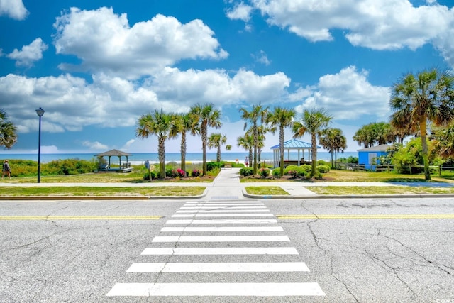 view of street with a water view