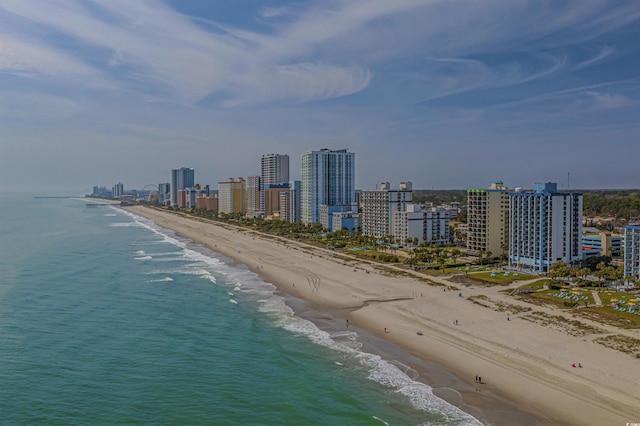 bird's eye view with a view of the beach and a water view