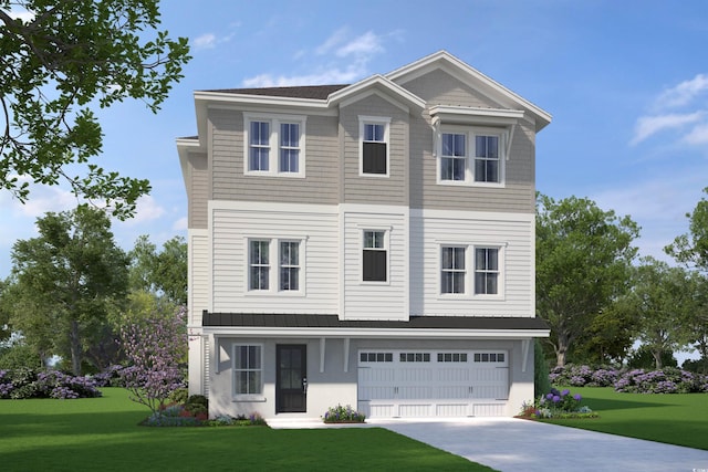 view of front of home with driveway, an attached garage, and a front lawn